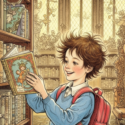 Child reading in a library